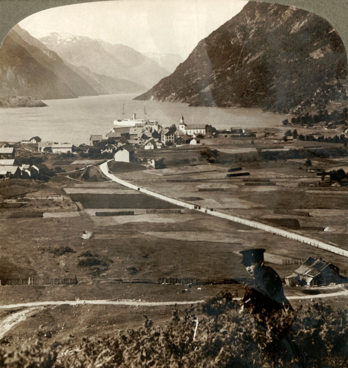 Village roofs and sunny fields of Odde, N. up the narrow mountain-walled Sorfjord, Norway by Unbekannt