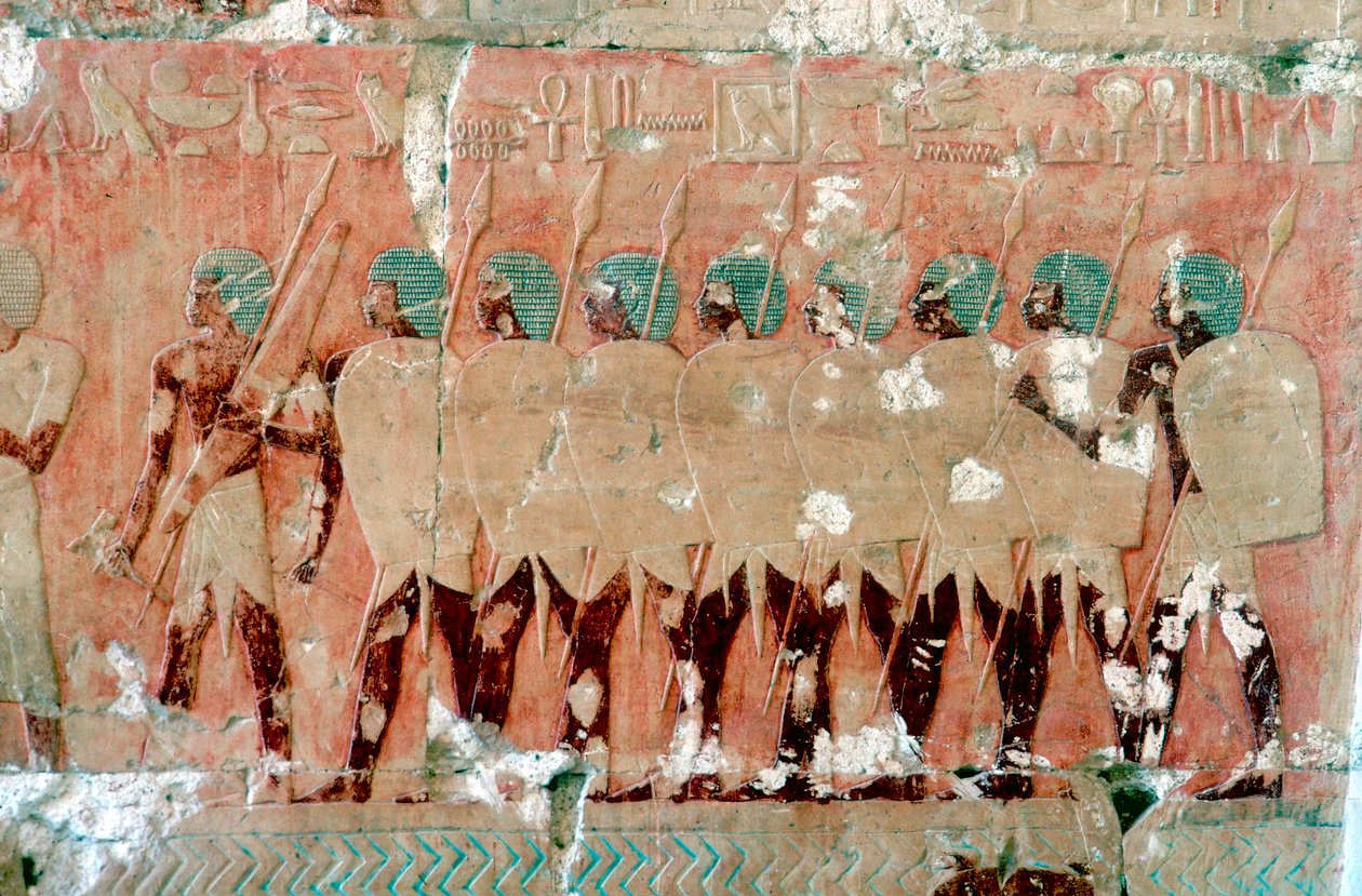 Wall painting of Egyptian soldiers on the expedition, Temple of Queen Hatshepsut, Luxor, c1470 BC by Unbekannt