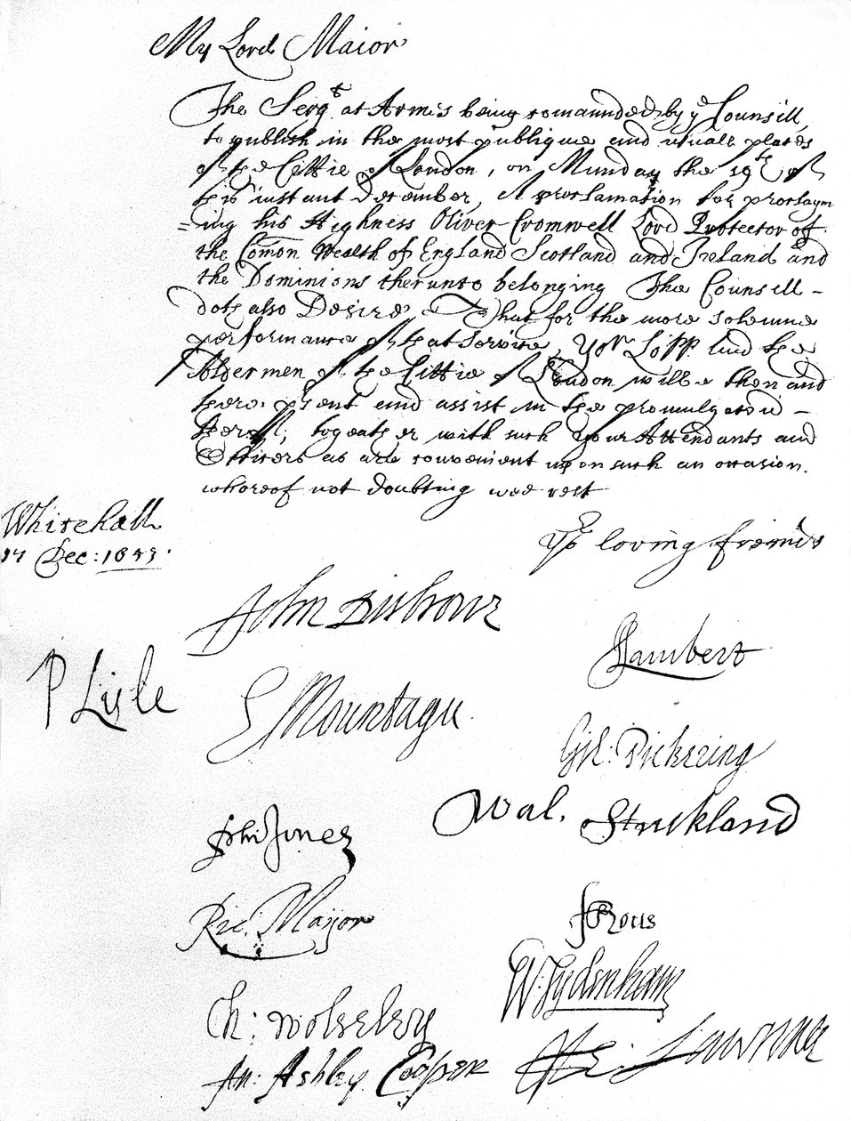 Warrant from the Council of State to the Lord Mayor of London, desiring him and the Aldermen to attend the proclamation of Oliver Cromwell as Lord Protector of the Commonwealth of England, Scotland, Ireland & the Dominions on 19 December by Unbekannt