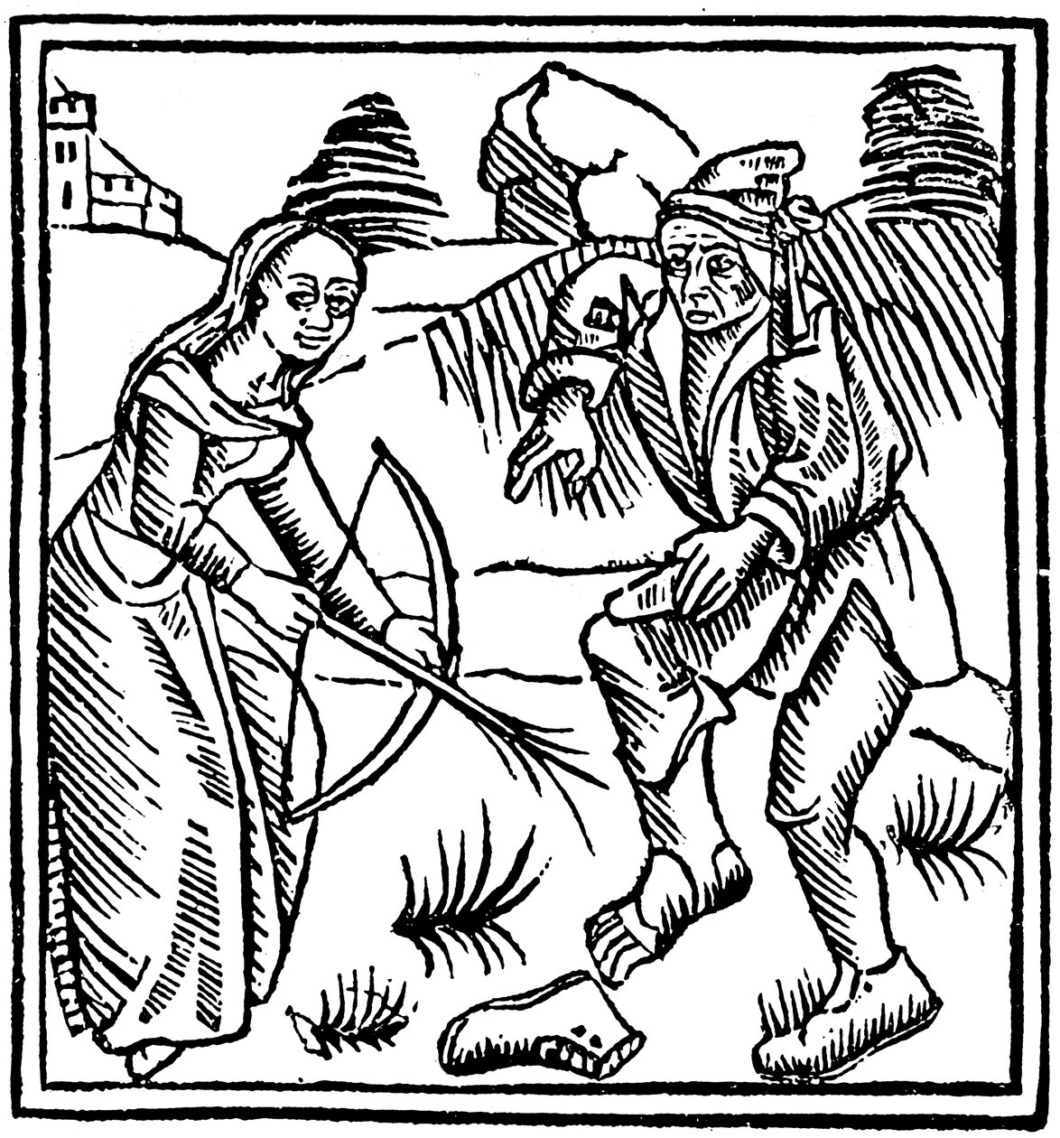 Witch shooting a man in the foot with an enchanted arrow made from a hazel wand by Unbekannt