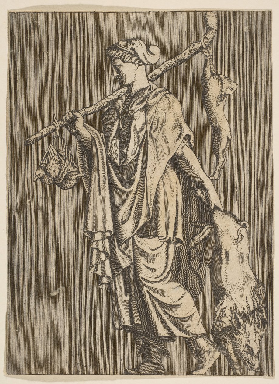 Woman returning from a hunt carrying a boar in her left hand and a stick on her r..., ca. 1515-1600 by Unbekannt