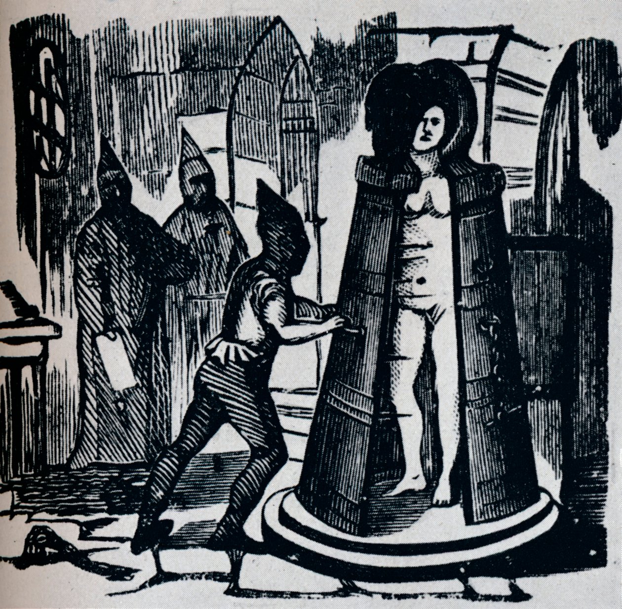 Woodcut showing Geuders Iron Maiden in a torture chamber Setting by Unbekannt