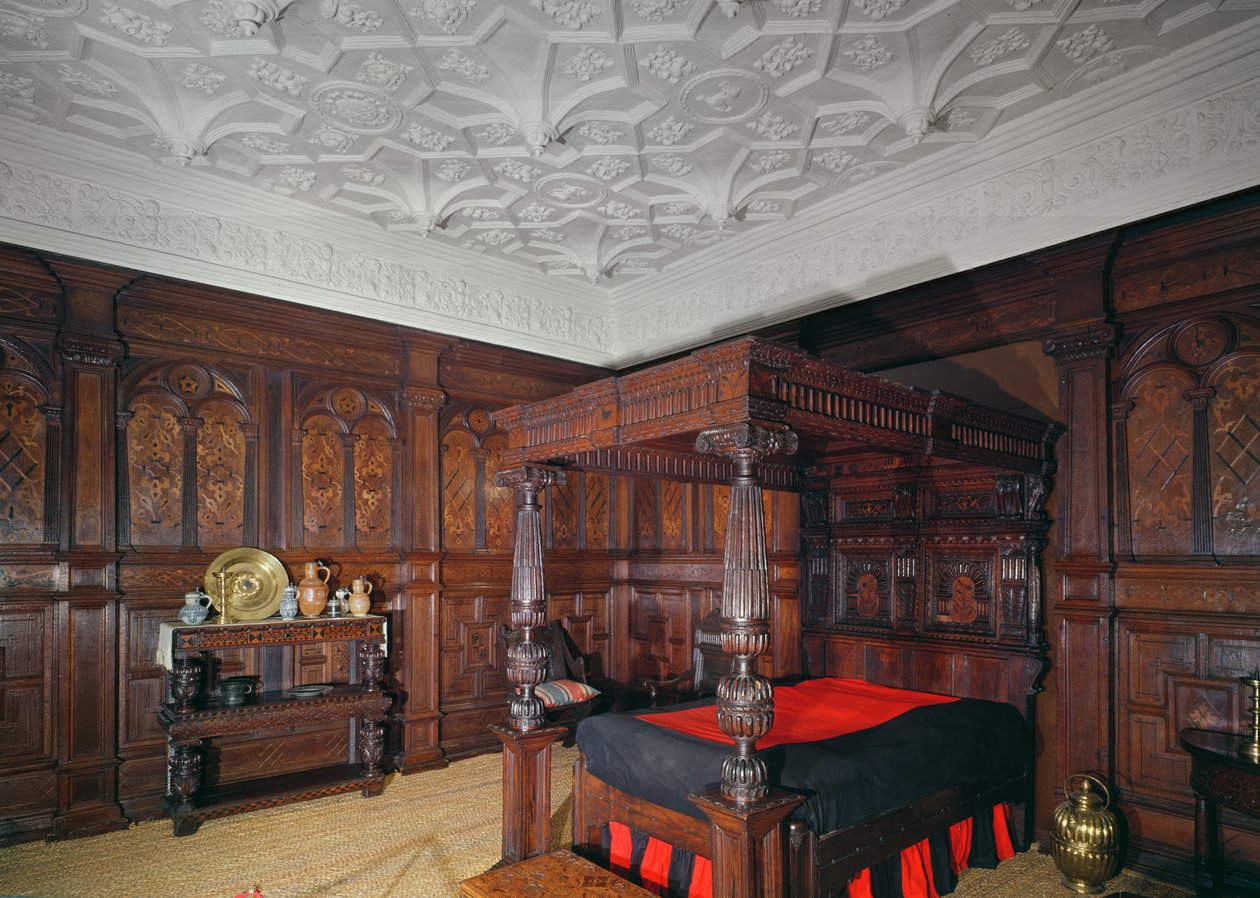 Bed with Inlaid Decoration, 1593, from Corbet Castle, Shrewsbury, Panelling from Sizergh Castle, Cumbria by Unbekannt Unbekannt