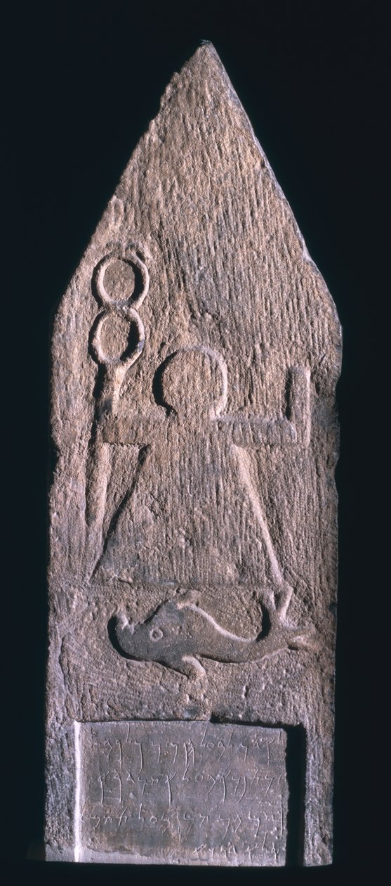 Votive stele depicting Tanit, goddess of Carthage, holding a caduceus with a dolphin and an inscription below, Phoenician by Unbekannt