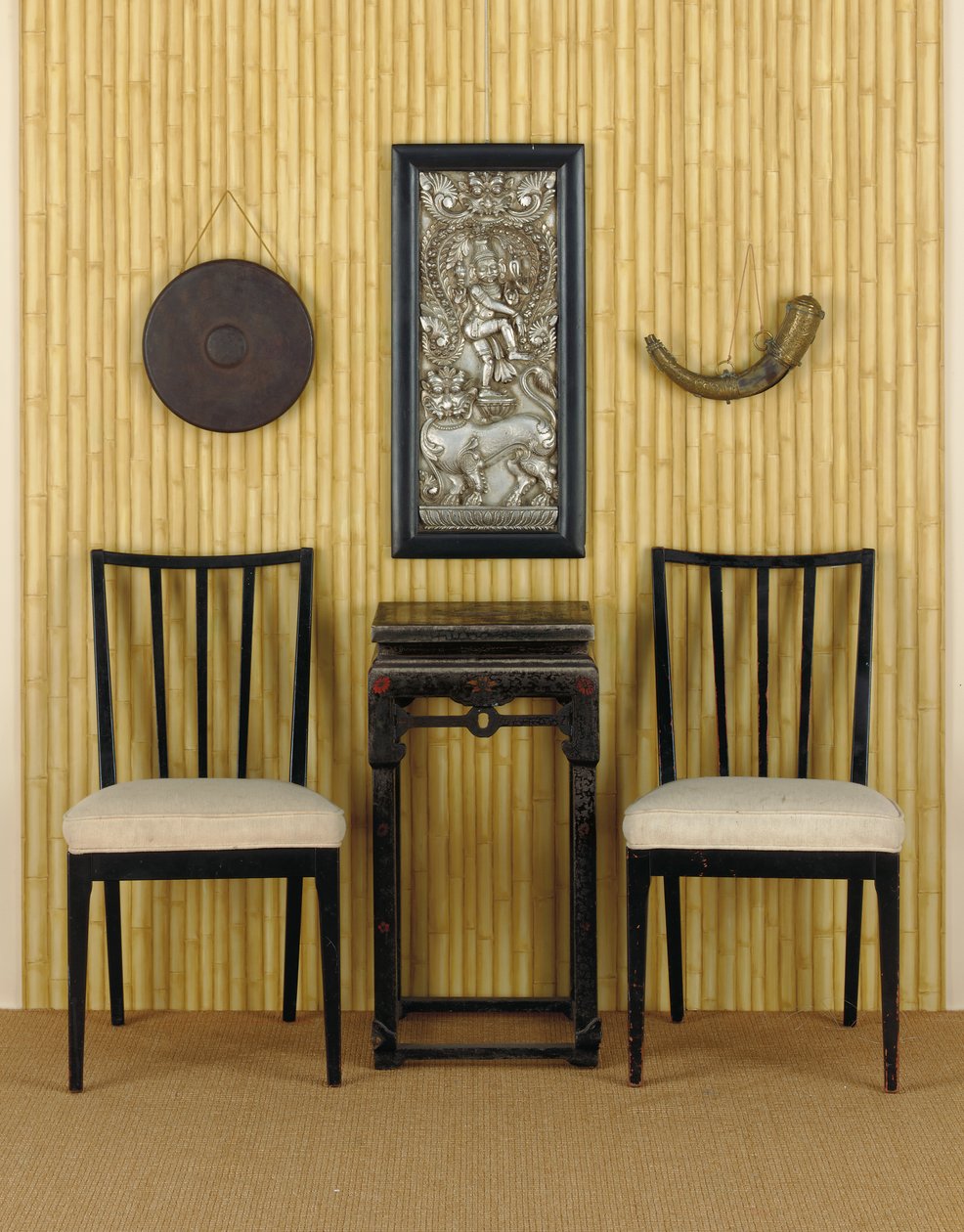 A Chinese Ebonised and Parcel Polychrome Decorated Side Table, Interior of Marlon Brando