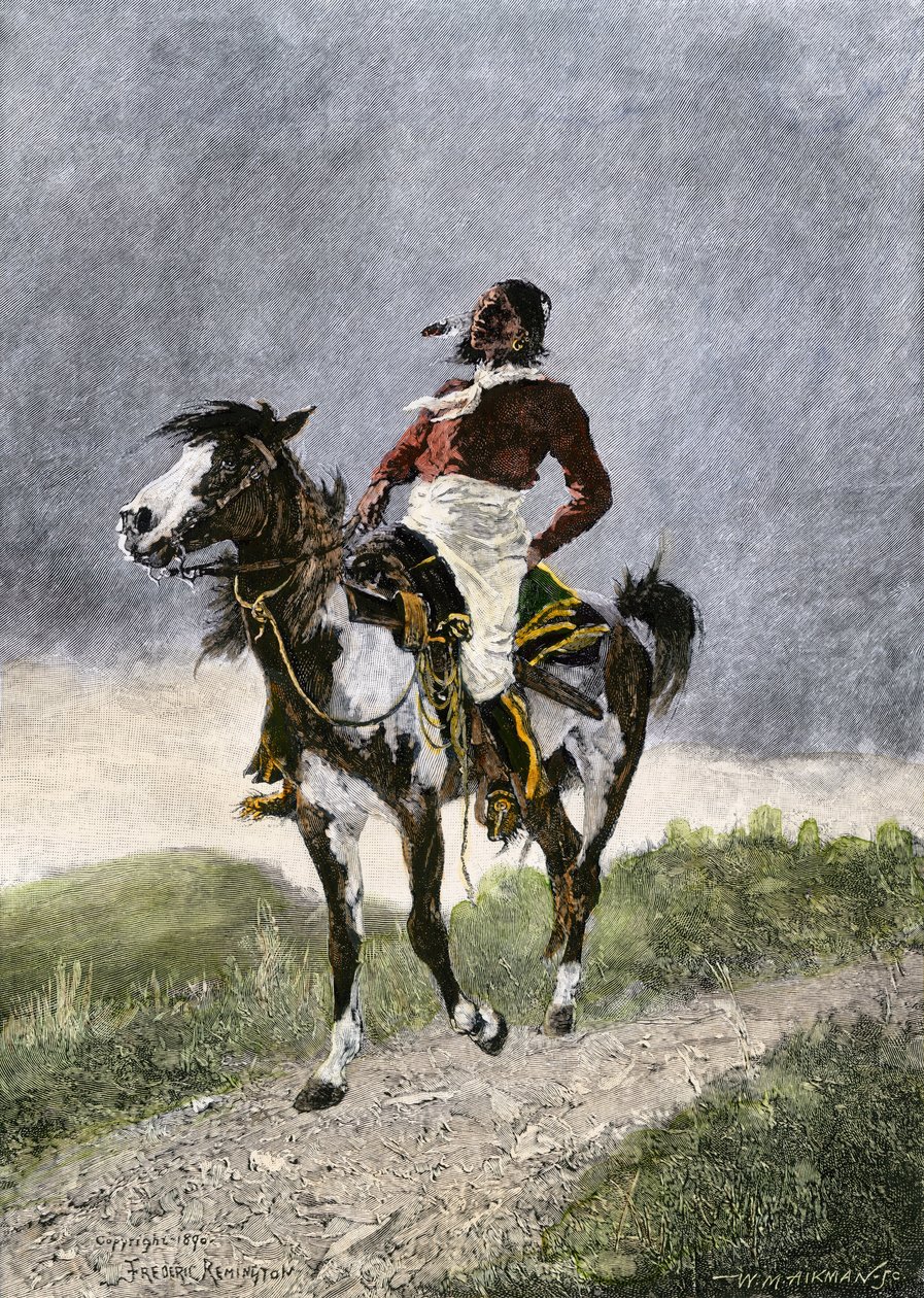 A brave Comanche, traveling on horseback in the southern prairies (Texas, Oklahoma, USA), around 1800. Lithograph by Unbekannter Künstler