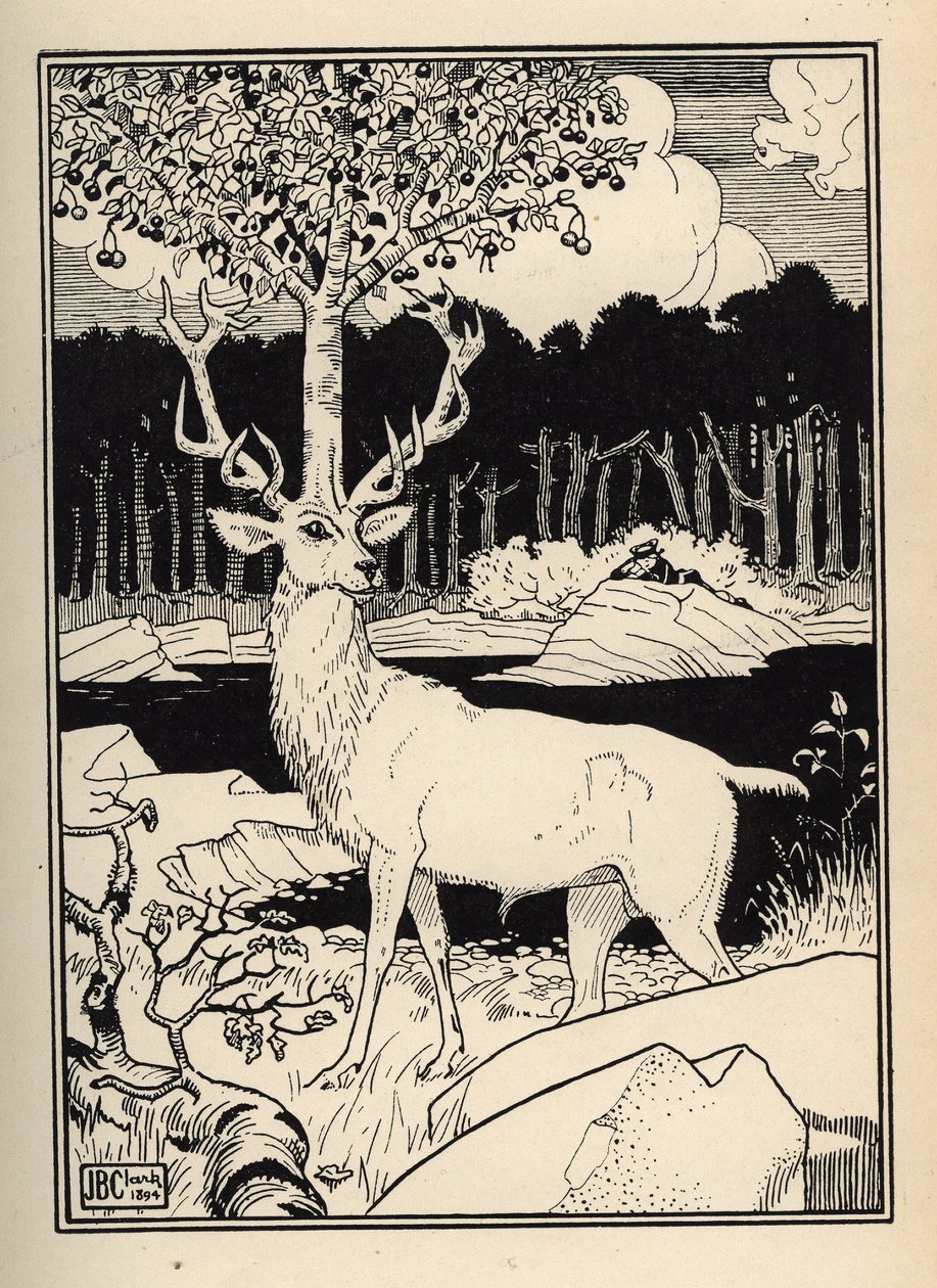 A cherry tree on the head of a deer touched by the stones of cherries spears by the Baron de Munchausen. Illustration by William Strang and JB Clark from 