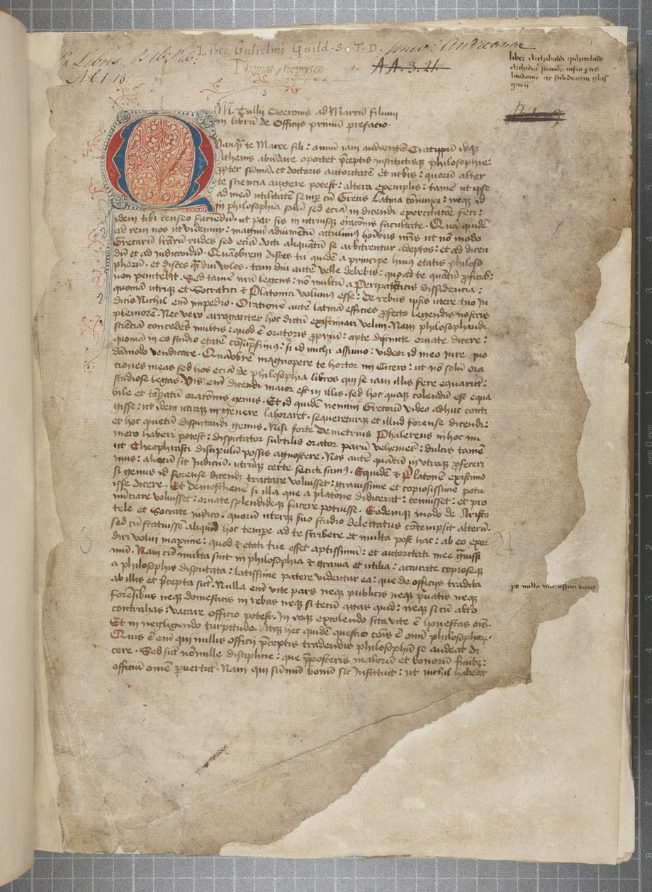 Transcript of the Philosophical Works of Marcus Tullius Cicero, c.1480 by Unbekannt