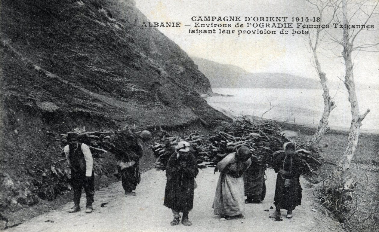 Albania: Gypsy women wearing wooden bundles on their backs - Postcard 1914-1918 by William M. Timlin