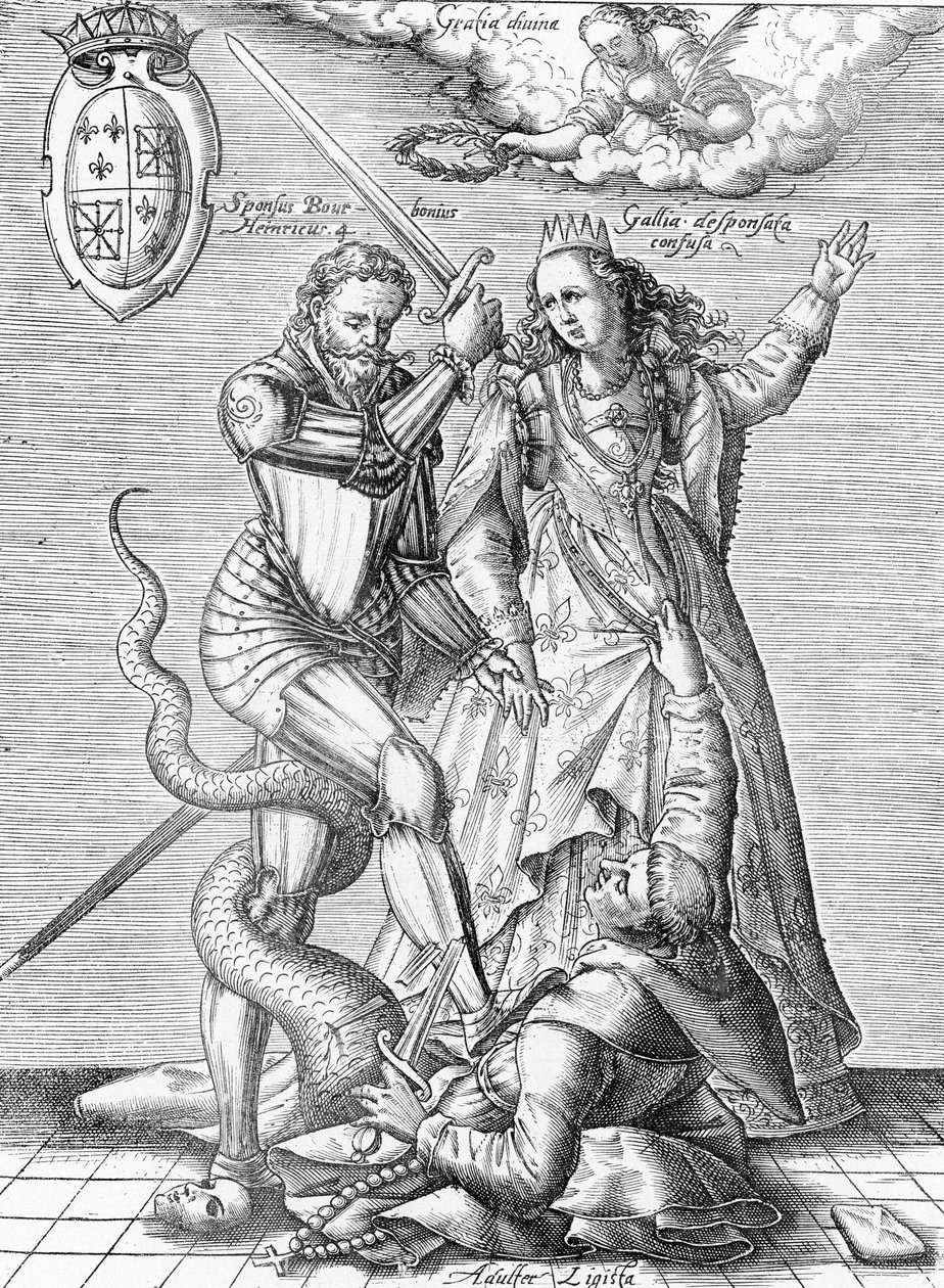Allegory of the death of the Catholic League represented as a monk with body of snake killed by King Henry IV of France (End of the 19th century) by Unbekannter Künstler