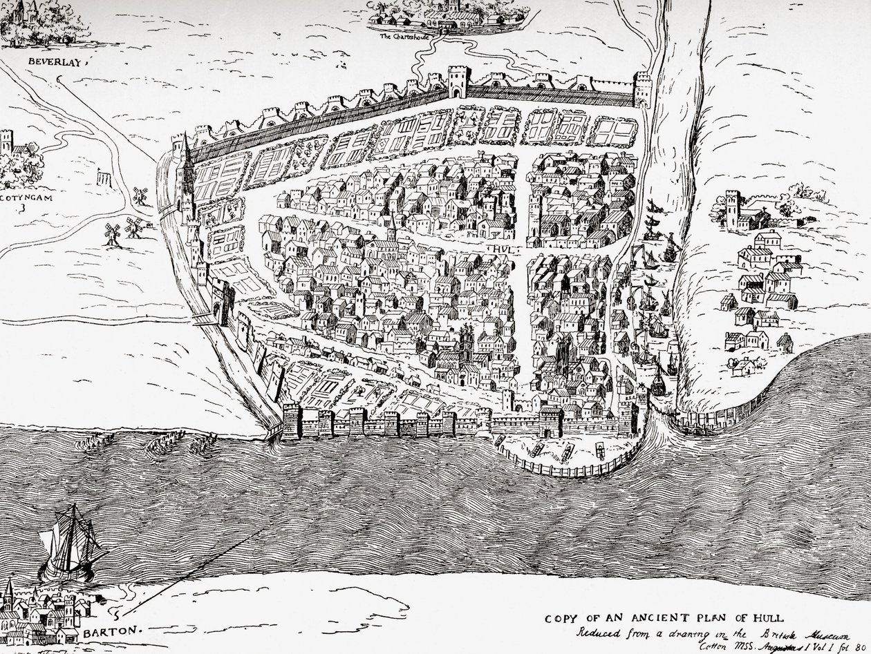 Ancient plan of Kingston upon Hull, East Riding of Yorkshire, England, from Picturesque History of Yorkshire, published c.1900 by Unknown