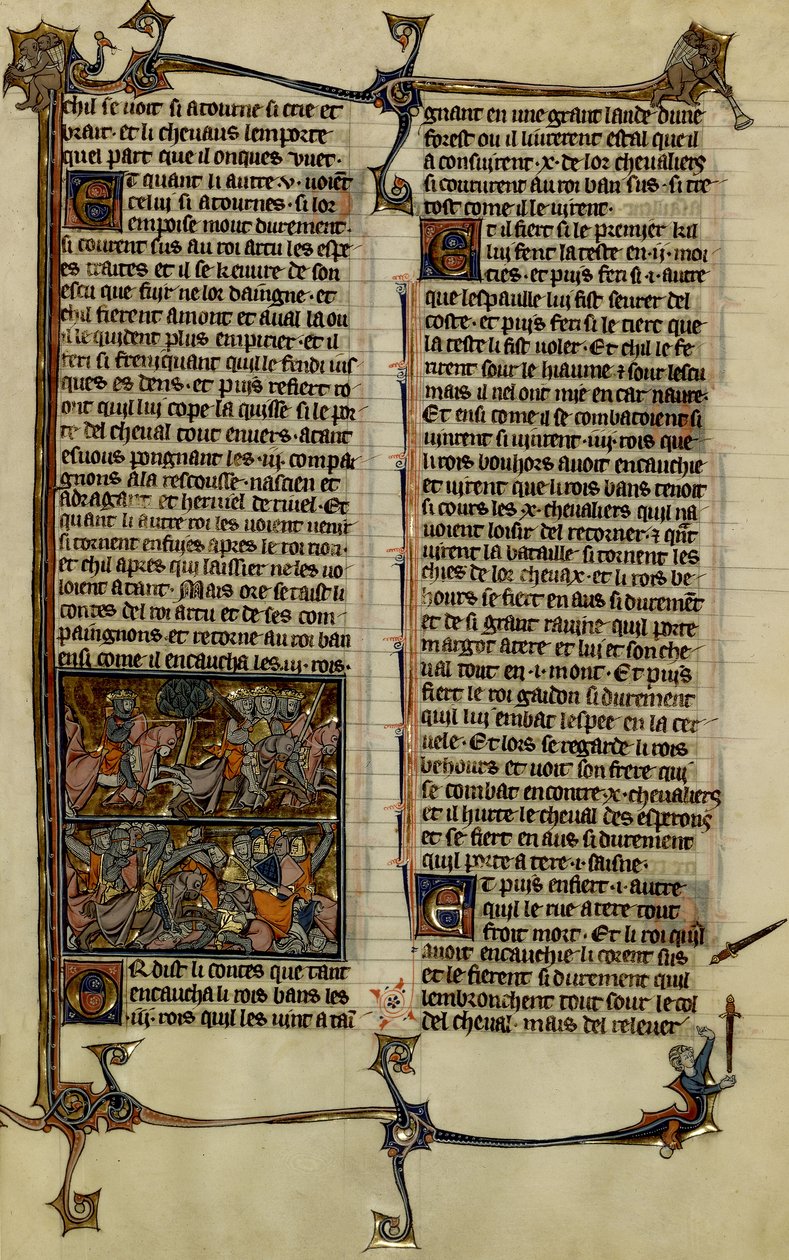Arthurian Legend (Quest for the Holy Grail): Benoic Chases Saxon and the Battle of Danablaise, Illumination from the Manuscript History of Merlin, Dating of 13th Century Between 1280-1290 by Unbekannter Künstler
