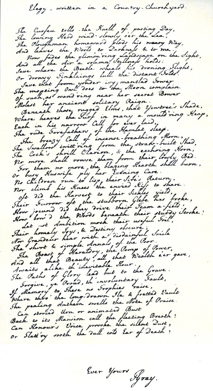 Autograph Copy in the Handwriting of the Poet, Thomas Gray, of His Poem 