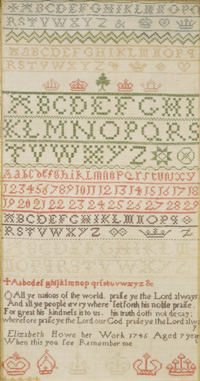 Band Sampler with Alphabet, Numbers and a Verse, Worked by Elizabeth Howe by Unbekannt