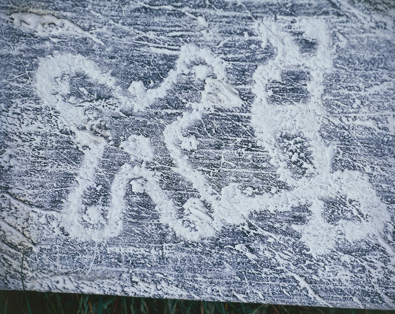 Camunian rose, copy of rock engravings in Valcamonica Valley, charcoal drawing, frottage technique by Benjamin Baud