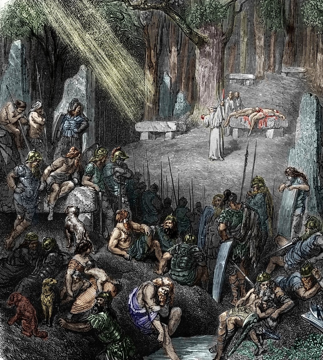 Human Sacrifice During a Ceremony Chaired by a Druid in Presence of Families and Warriors in a Forest (engraving) by Leopold Blonder