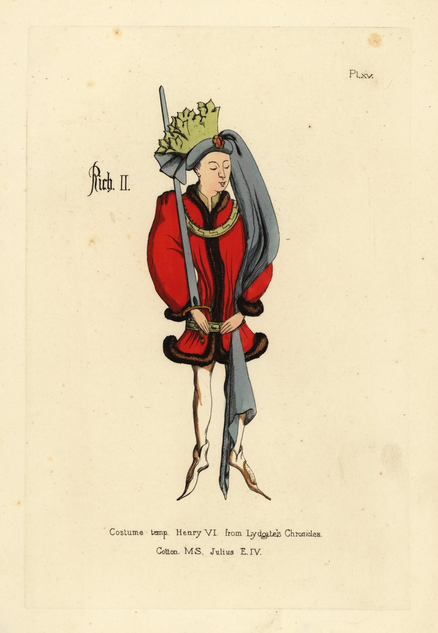 Costume of King Richard II, in short full tunic edged with fur, belted at the hips with a girdle, pointed shoes, roundlet headdress with long tail and crown of fabric cut in the form of leaves by Unbekannt
