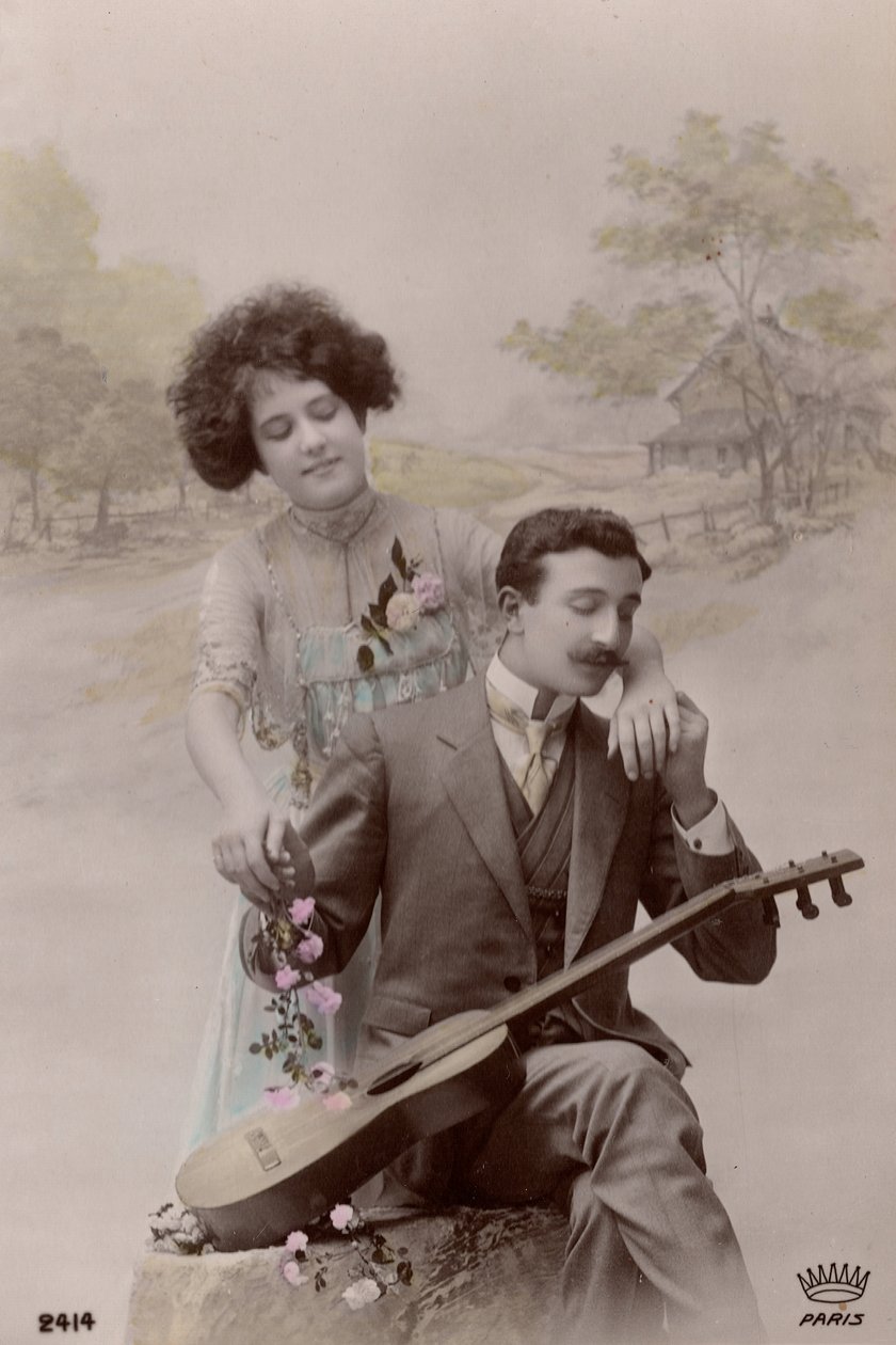 Couple with Flowers and Spanish Guitar, France, c.1910 by Unbekannter Künstler