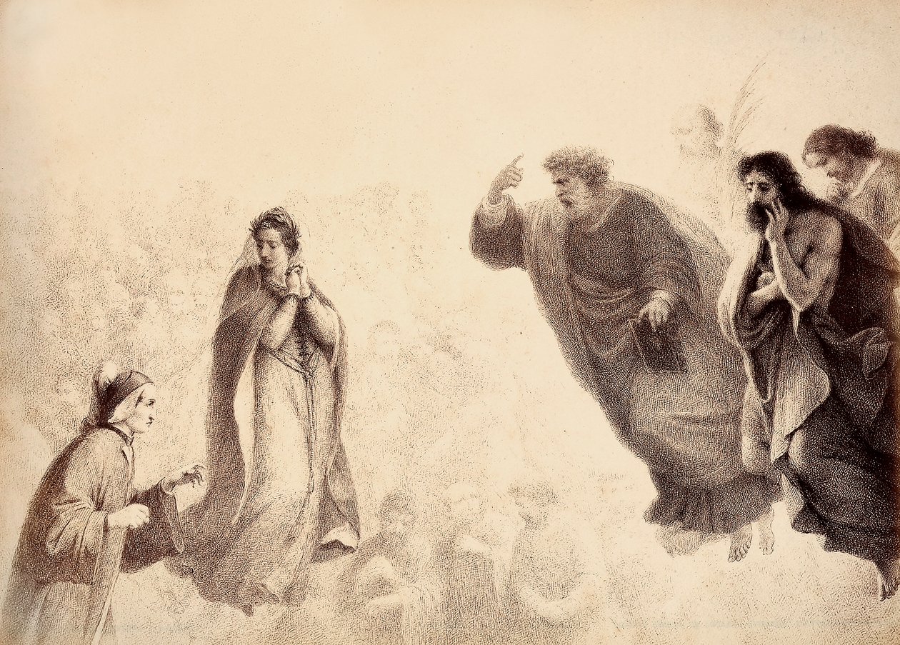 Dante and Beatrice in front of the bright spirits of the apostles Peter, James and John. Peter has his arm raised in a sign of wrath. Illustration of Canto XXVII in Paradiso of The Divine Comedy by Dante Alighieri. Work of Francesco Scaramuzza by Unbekannter Künstler