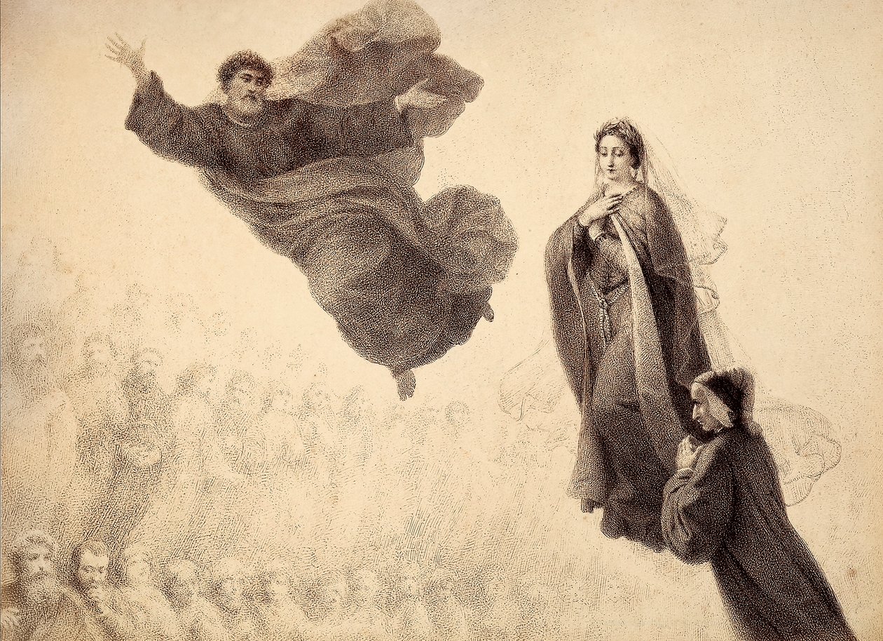 Dante and Beatrice meet St. Peter. Illustration of Canto XXIV in Paradiso of The Divine Comedy by Dante Alighieri. Work of Francesco Scaramuzza dedicated to the Municipality of Florence by Unbekannter Künstler