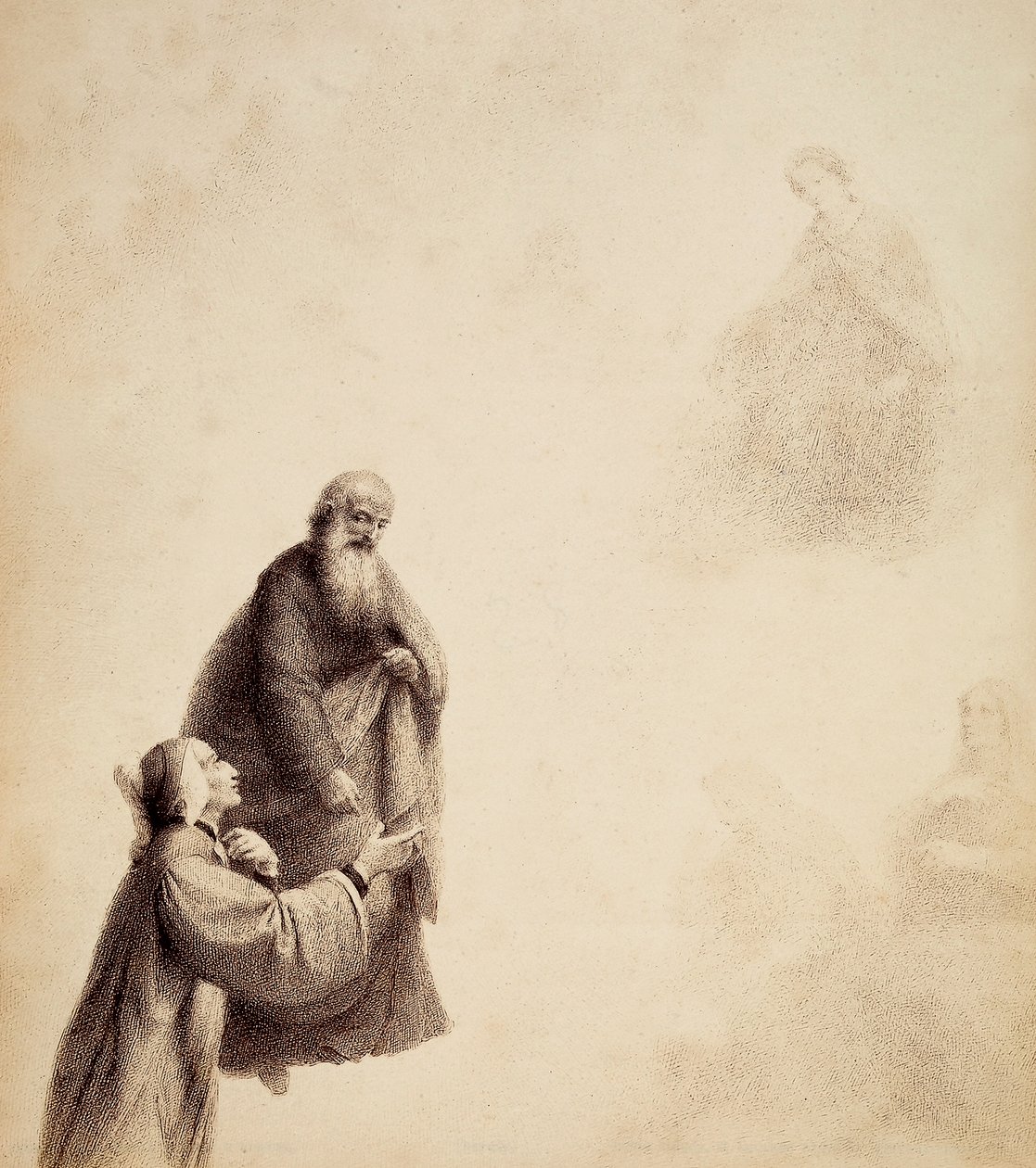 Dante, assisted by St. Bernard, sees Beatrice seated on a throne amidst the blessed, in a halo of light. Illustration of Canto XXXI in Paradiso of The Divine Comedy by Dante Alighieri. Work of Francesco Scaramuzza dedicated to the Municipality of Florence by Unbekannter Künstler