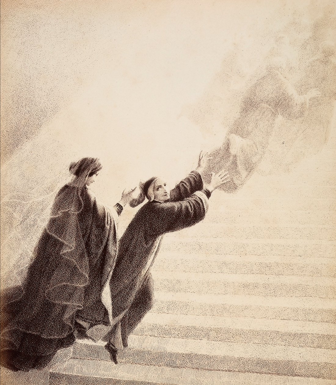Dante, impelled by a simple sign from Beatrice, ascends the golden ladder after the blessed spirits. Illustration of Canto XVII in Paradiso of The Divine Comedy by Dante Alighieri. Work of Francesco Scaramuzza dedicated to the Municipality of Florence by Unbekannter Künstler