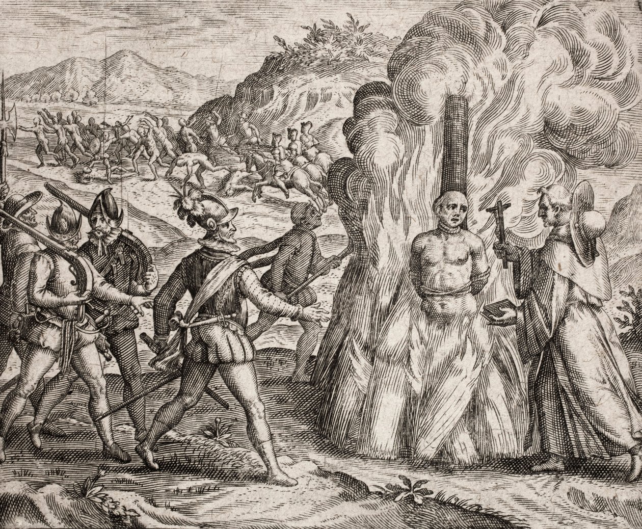 Description of the crimes inflicted on the Indians by the Spanish colonists - Conquistadors burning at the stake an Indian who refused to convert to the Catholic faith. Religious of the Franciscan Order (engraving) by Unbekannt