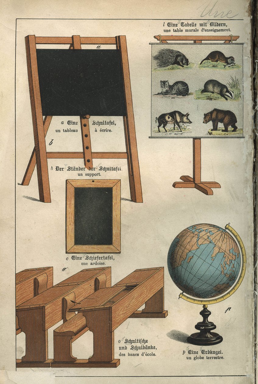 Education: the painting, the wall table, the benches, the slate, the globe of the school. Plate from a dictionary for children Franco-German by Unbekannt