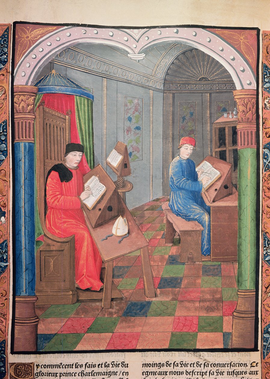 Einhard and Archbishop Turpin writing the history of Charlemagne, from the 