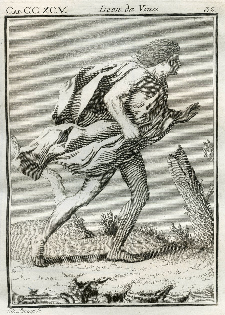 Study of a man walking against the wind, with clothes and hair disheveled by gusts and body leaning forward. Engraving from 