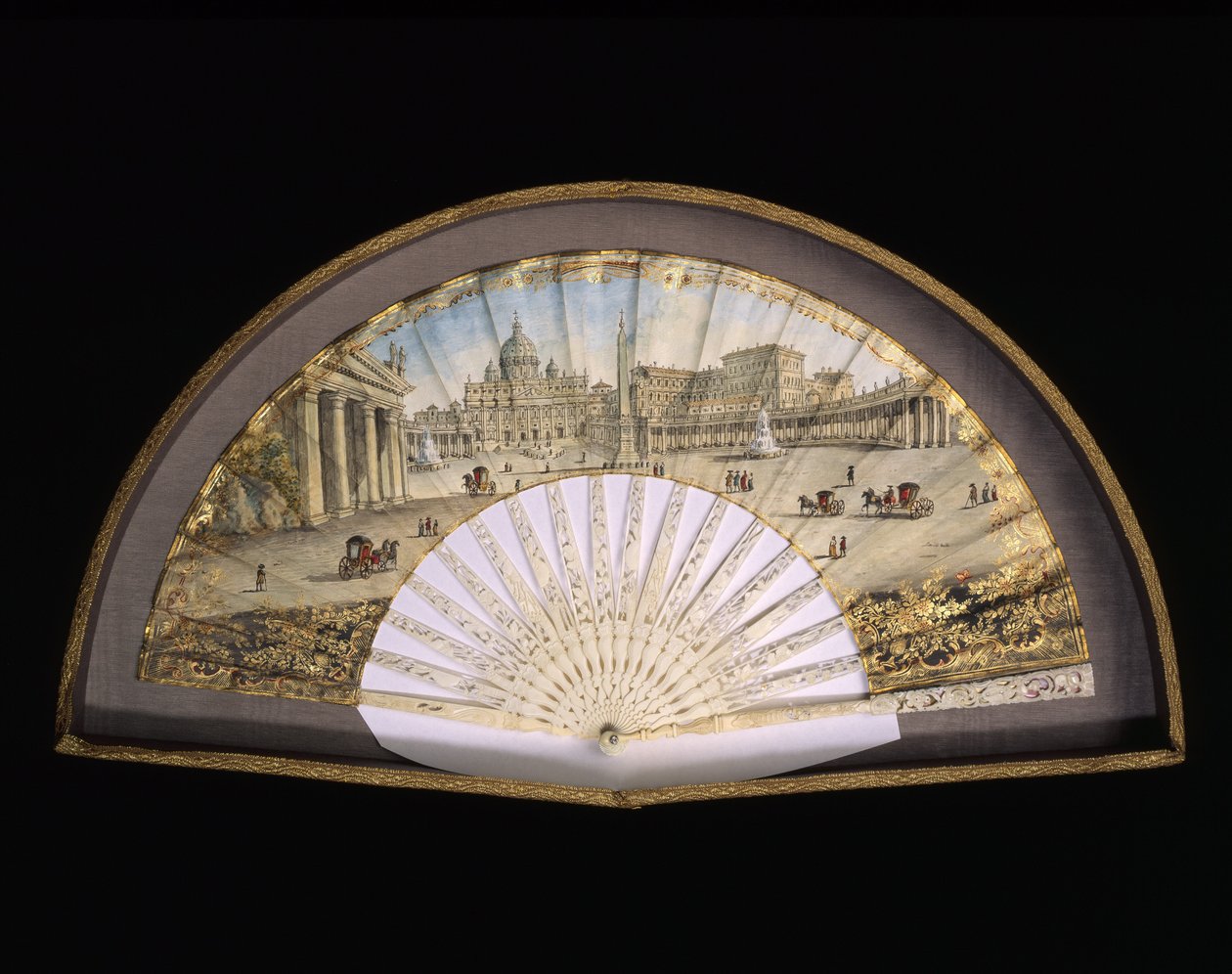 Fence model in gold-bound paper decorates a gouache painting representing the destinations of the Grand Tour, usually a practical journey by artists and intellectuals of the 18th and 19th century in the Mediterranean countries during their youth for their  by Unbekannt