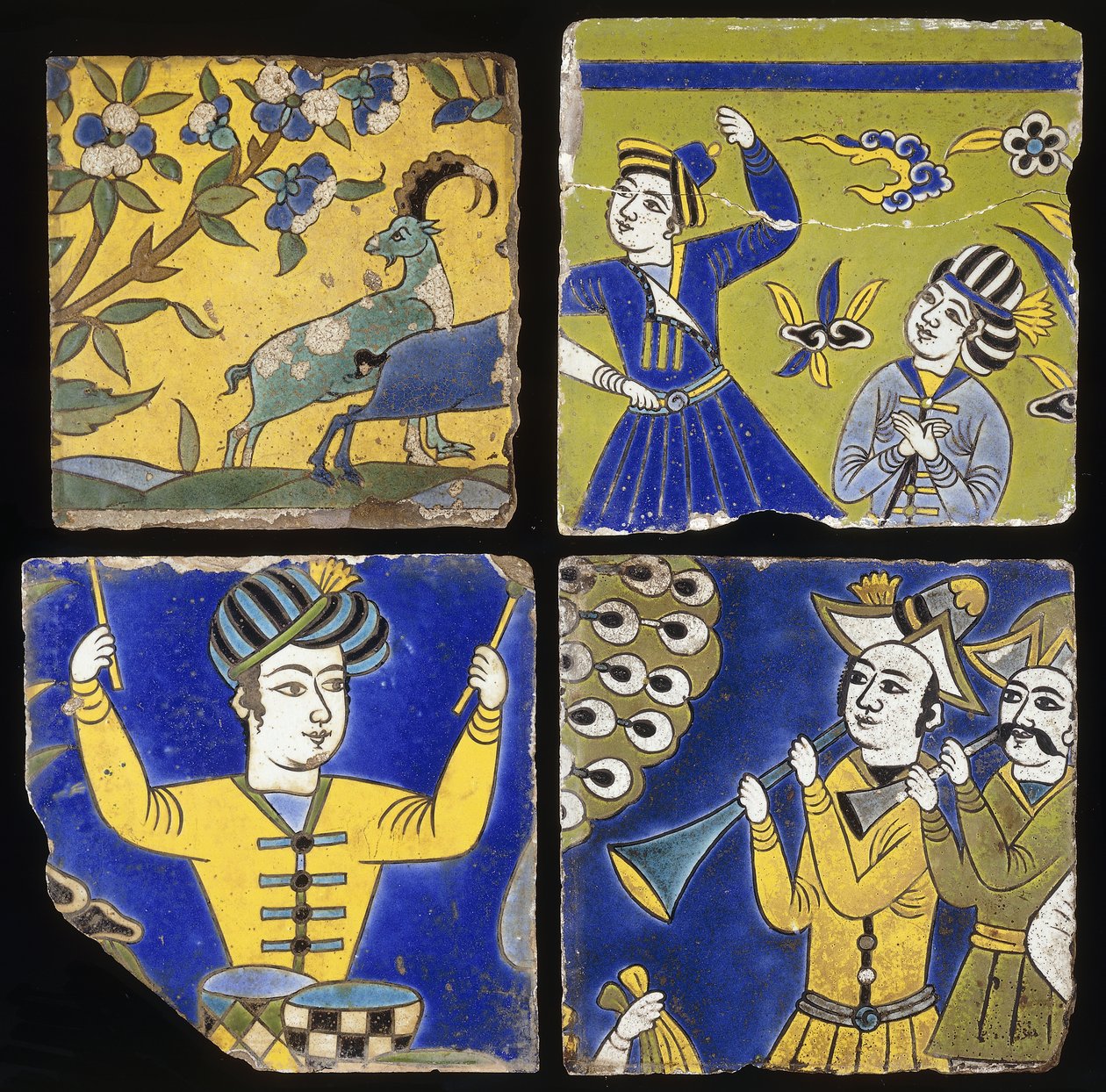 Four Saffavid cuerda seca tiles, depicting two ibex, and the figures of musicians and dancers by Unbekannt