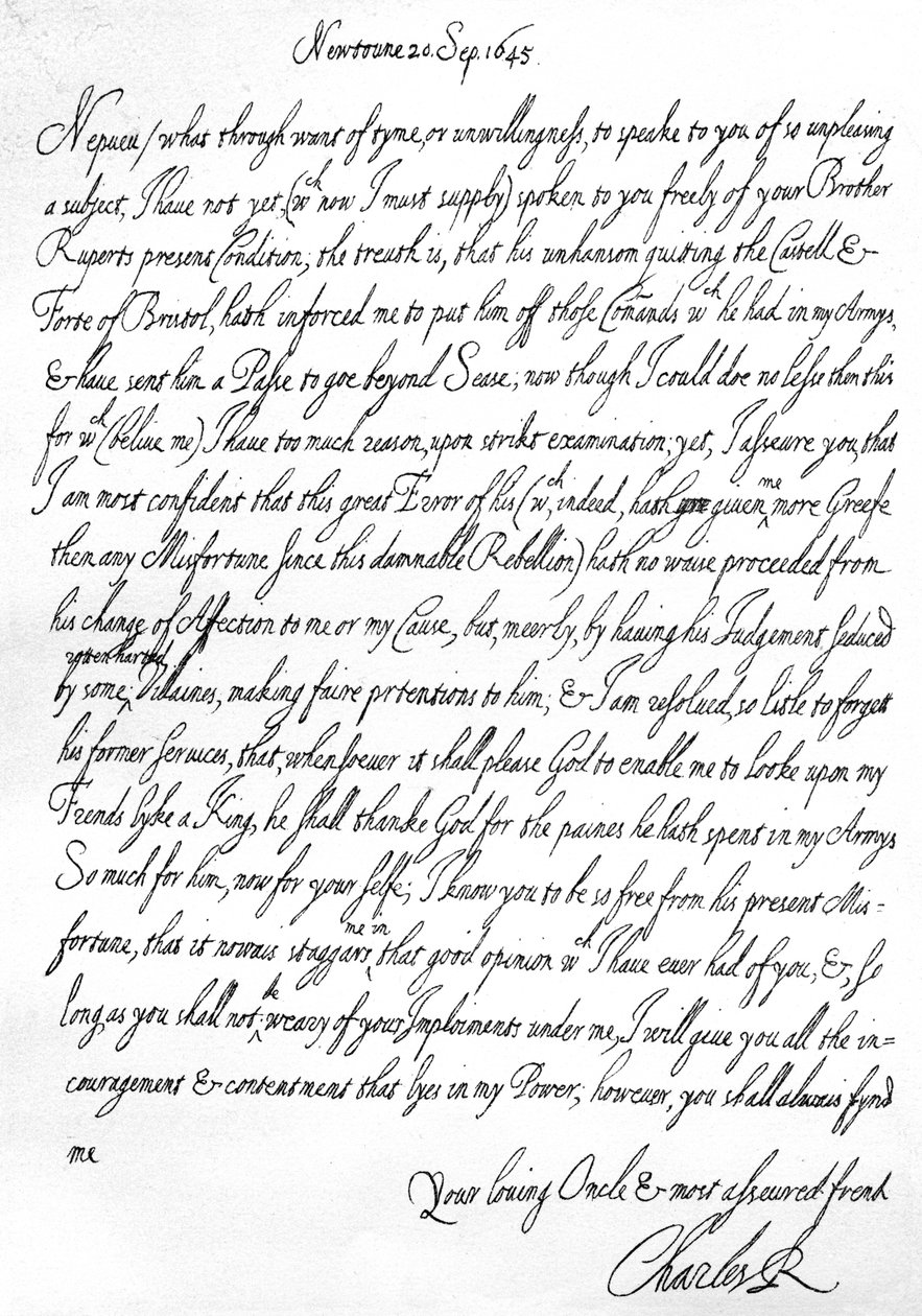 Friendly letter from Charles I to his nephew, Prince Maurice, written at Newtown, Powys, Wales, 20 September by Unbekannt