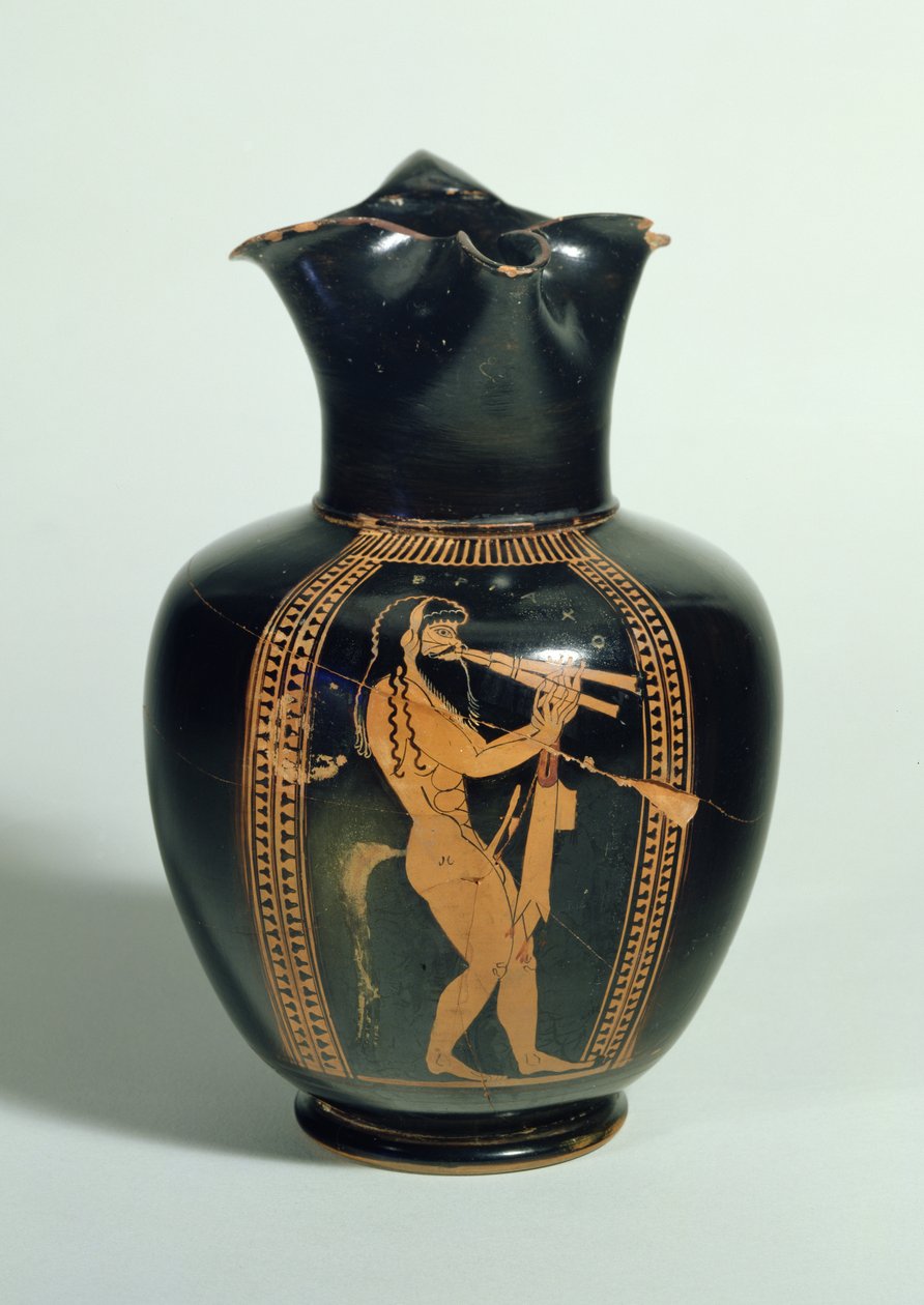 Oinochoe, decorated with Satyr playing double flutes, Attic red figure, Athens, Greek, 520 BC by Unbekannt