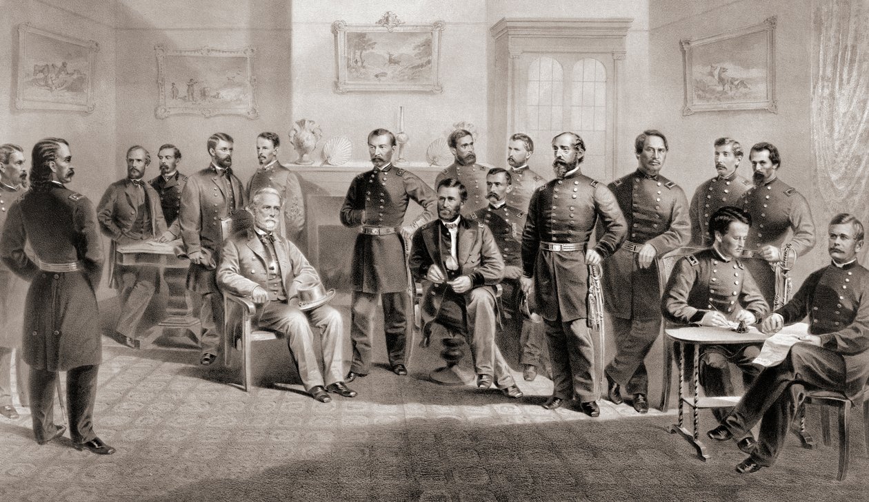 General Ulysses S. Grant (seated centre right) and General Robert E. Lee (seated centre left) with their respective staff at the Appomattox Courthouse, Virginia where General Lee surrendered the Army of North Virginia and thus ended the American Civil War by Unbekannt
