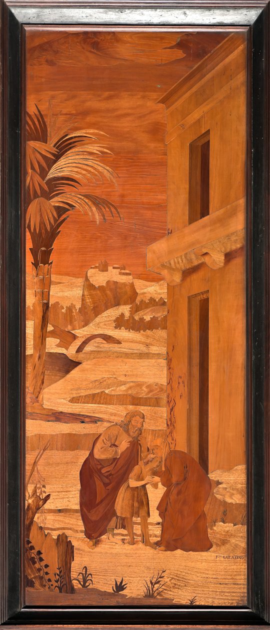 Genoa, Duomo (St Lawrence Cathedral), inside, apse, choir, North side: "St John the Baptist takes leave from his family", wood intarsia by Vincenzo e Tommaso Garassino (XIX century) by Unbekannter Künstler