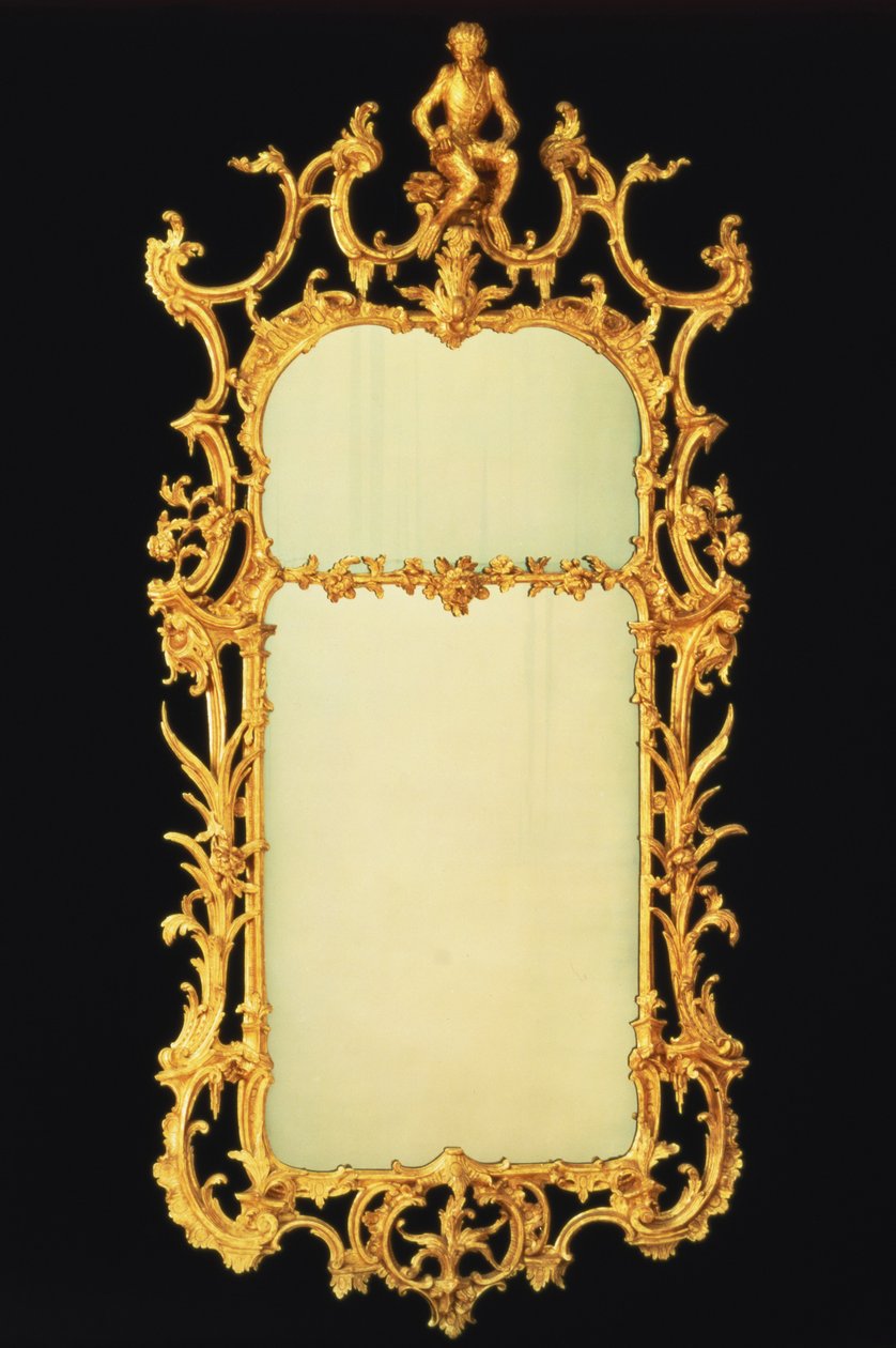 George III Giltwood Pier Mirror, with Two Plates, Elaborate Cresting, Centred by the Figure of a Monkey on a Rockwork Stand, c.1765 by Unbekannt