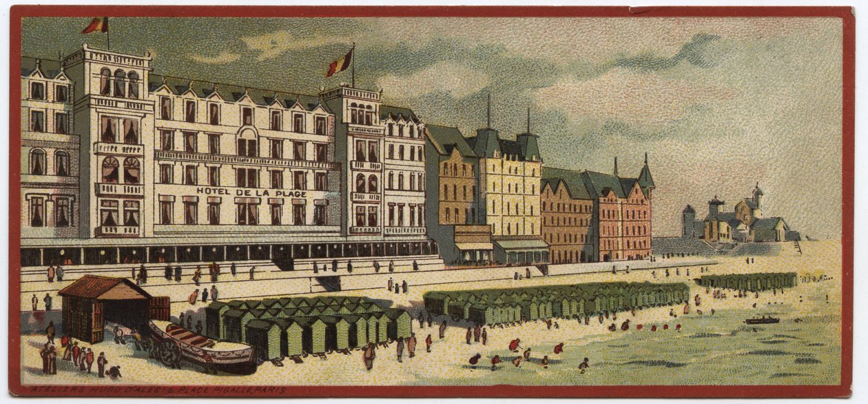 Grand hotels: exterior view of the Hotel de la Plage in Ostend, Belgium - Map of a series presenting the hotels of the 