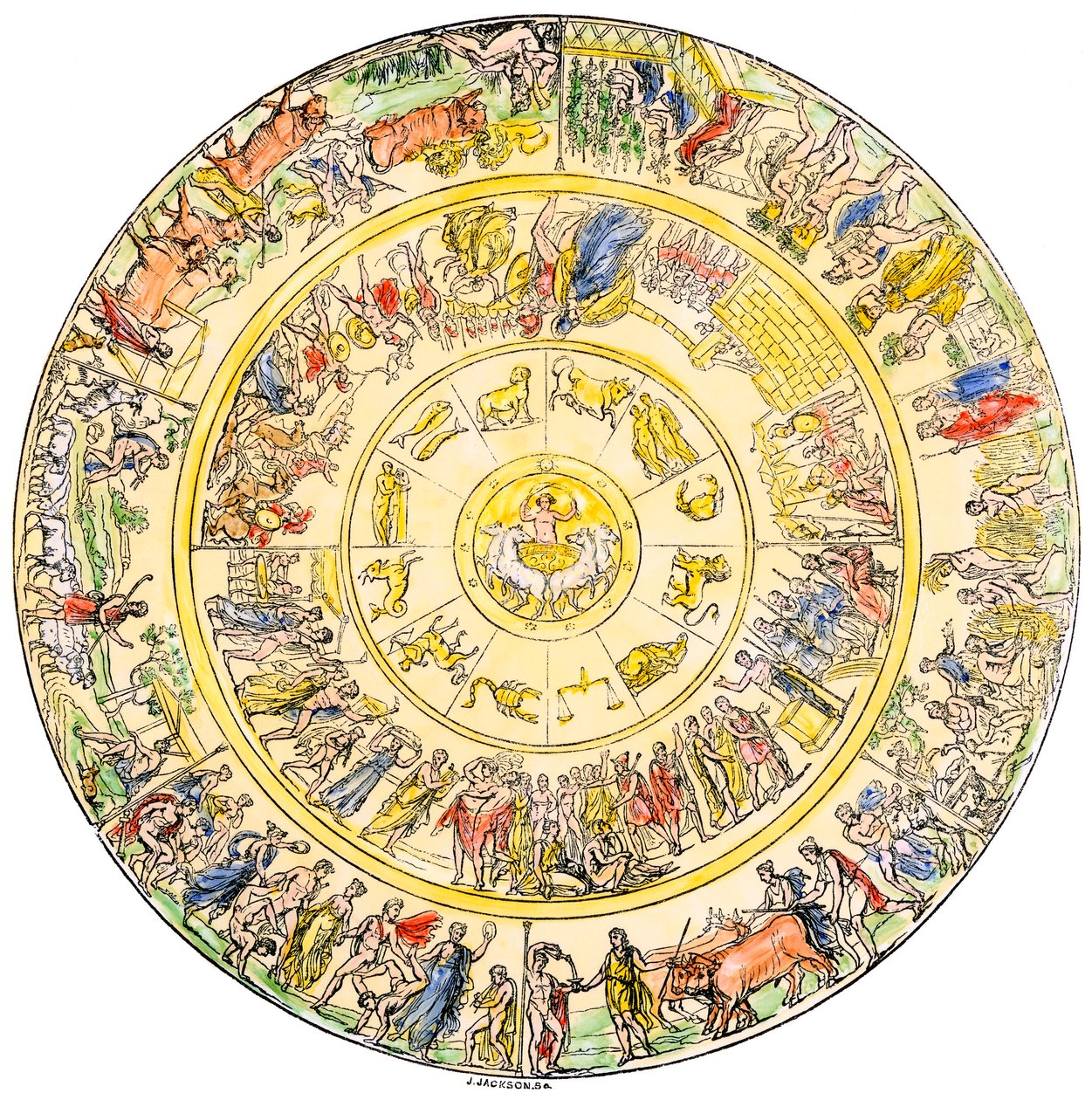 Greek mythology: the shield of Achilles, hero of the Trojan War (Hand-colored woodcut of a 19th-century illustration) by Unbekannter Künstler