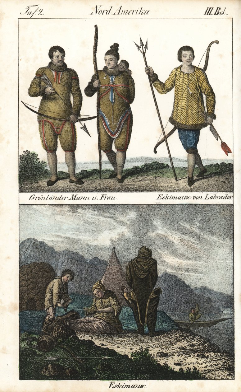 Greenland dwellers wearing skins and one Inuit from Labrador (Canada) with a trident. Below is a daily scene of Inuit family life in front of an igloo, a tent and a canoe, North America. Lithography for the book: “Galerie complete en tableaux fideles des p by Unbekannter Künstler