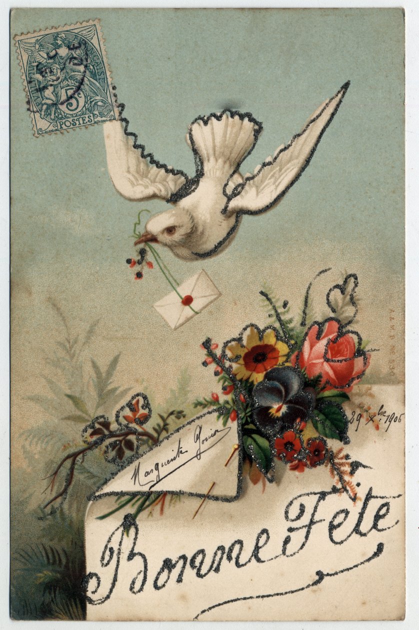 Greeting card: a bird brings a sealed letter - Postcard dated 1906 by Unbekannt