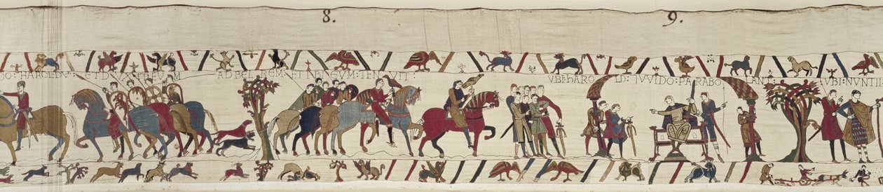 Guy of Ponthieu takes Harold as prisoner to the castle of Beaurain, Bayeux Tapestry by Unbekannt