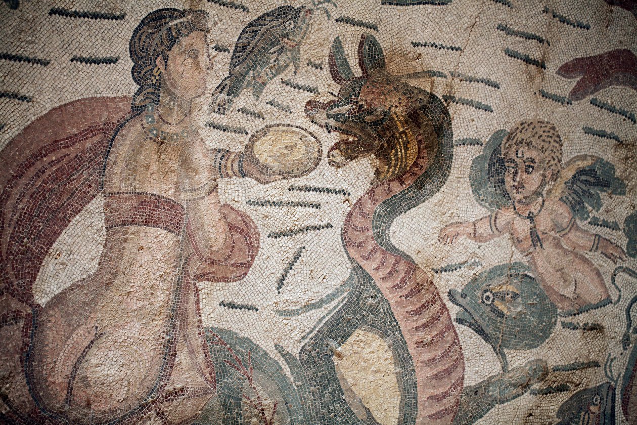 Hall of Arion. Marine scene. Marine creatures. Nereides and tritons. 3rd - 4th century. Roman Villa of the Casale, Sicily. UNESCO site. by William M. Timlin