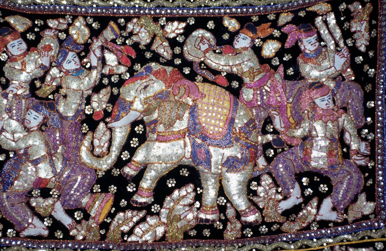 Handcrafted embroidered cloth depicting knights, ladies and elephants by William M. Timlin