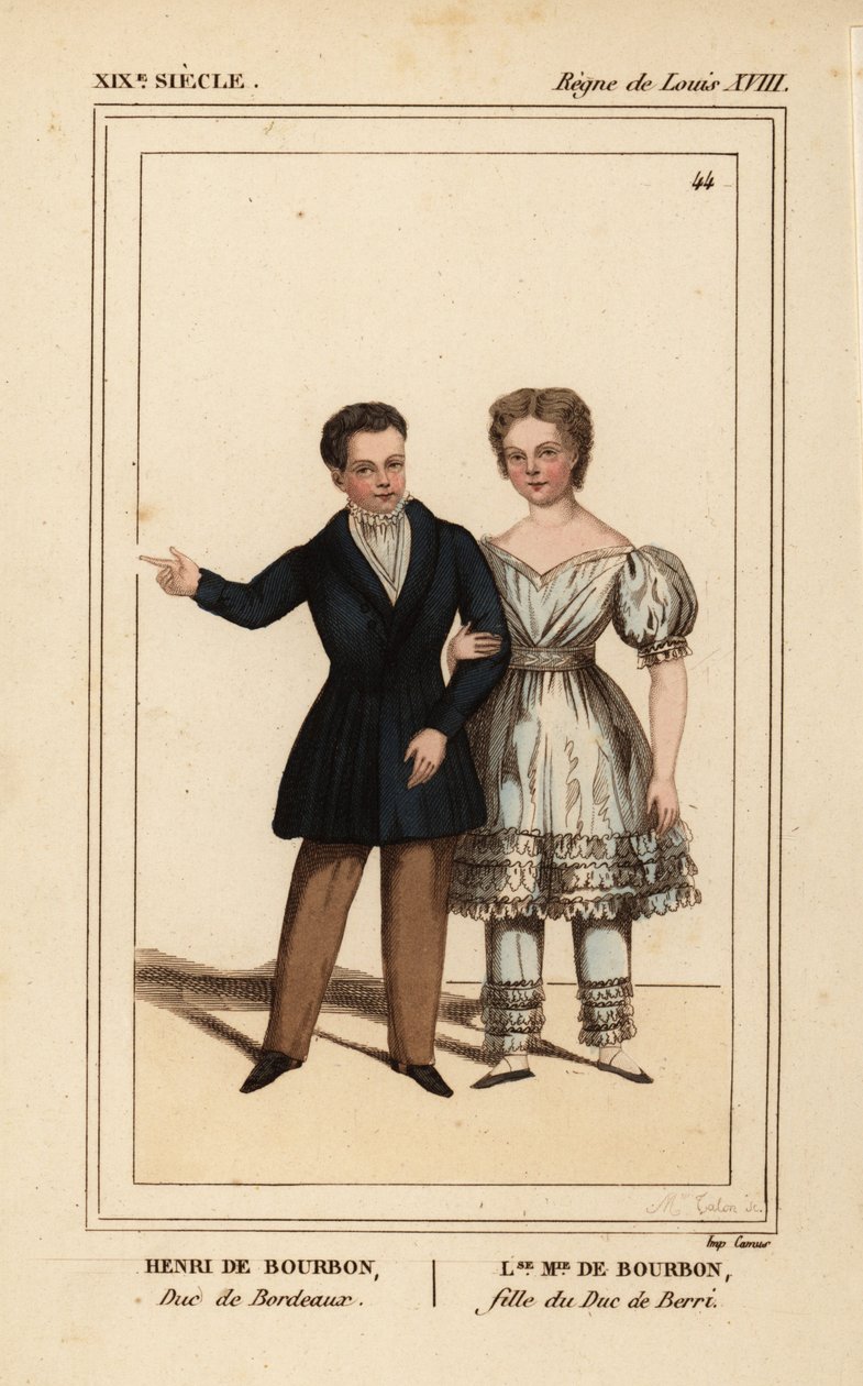 Henry, Count of Chambord, Duke of Bordeaux and Louise Marie Therese of Artois, daughter of the Duke of Berry. Handcoloured lithograph by Madame Calon from Le Bibliophile Jacob aka Paul Lacroix