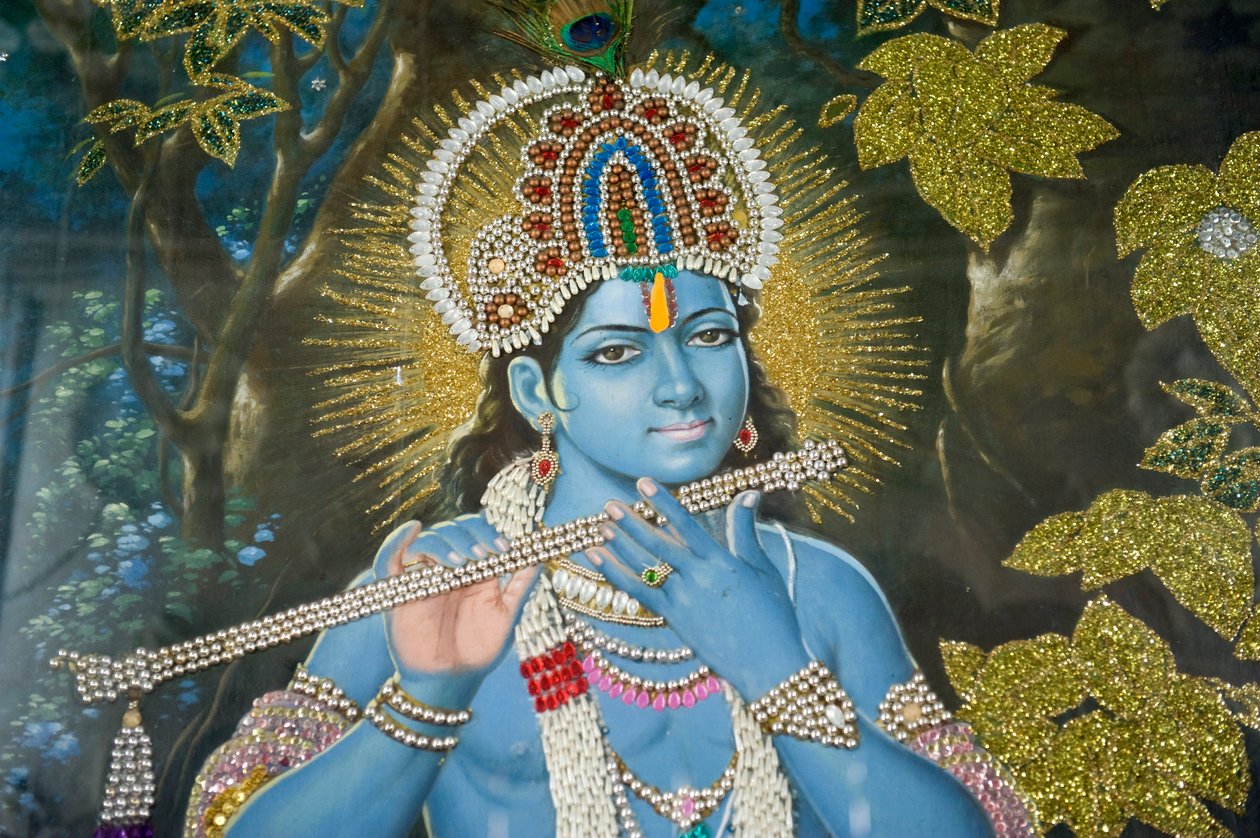 Hinduism; Painting of Lord Krishna with Flute; Durgiana Mandir Vishnu Temple; Amritsar; Punjab; India; South Asia; Asia by Unbekannt