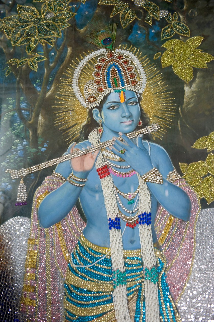 Hinduism: painting of Lord Krishna with flute; Durgiana Mandir Vishnu Temple; Amritsar; Punjab; India by Unbekannt