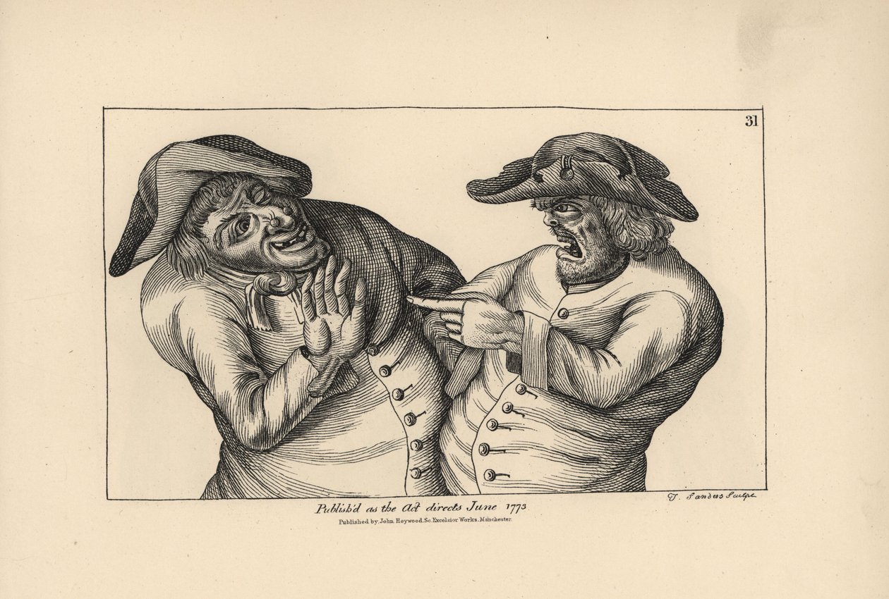 Hodge and Roaf accuse each other of leaving a pot of piss in place of a jug of ale. Copperplate engraving by Thomas Sanders after a satirical illustration by Timothy Bobbin (John Collier) from Human Passions Delineated, John Haywood, Manchester by Unbekannter Künstler
