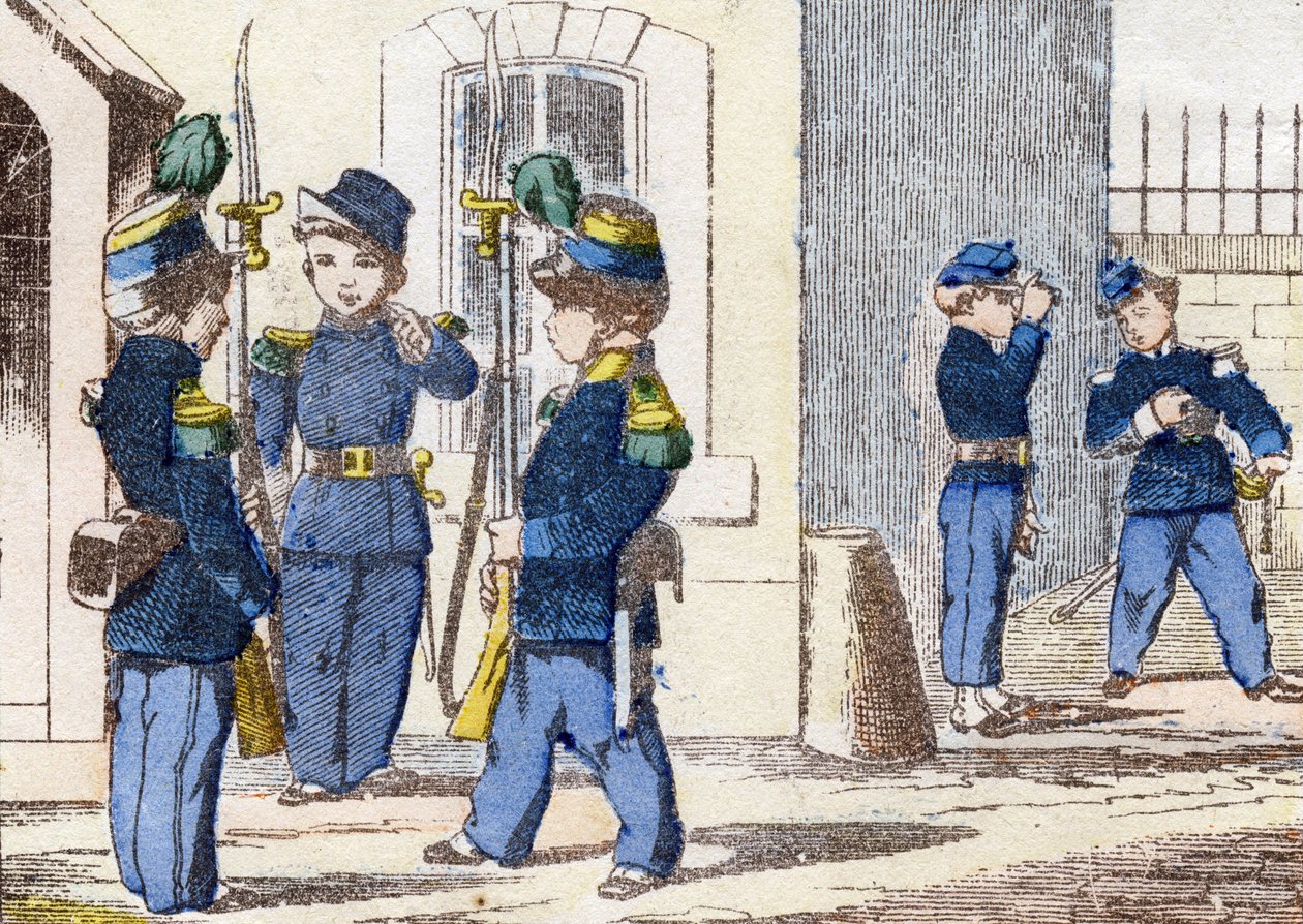 Hunters on foot. Engraving in "Alphabet militaire enfantin". Imagery of Pont-a-Mousson, circa 1890. by Unbekannt