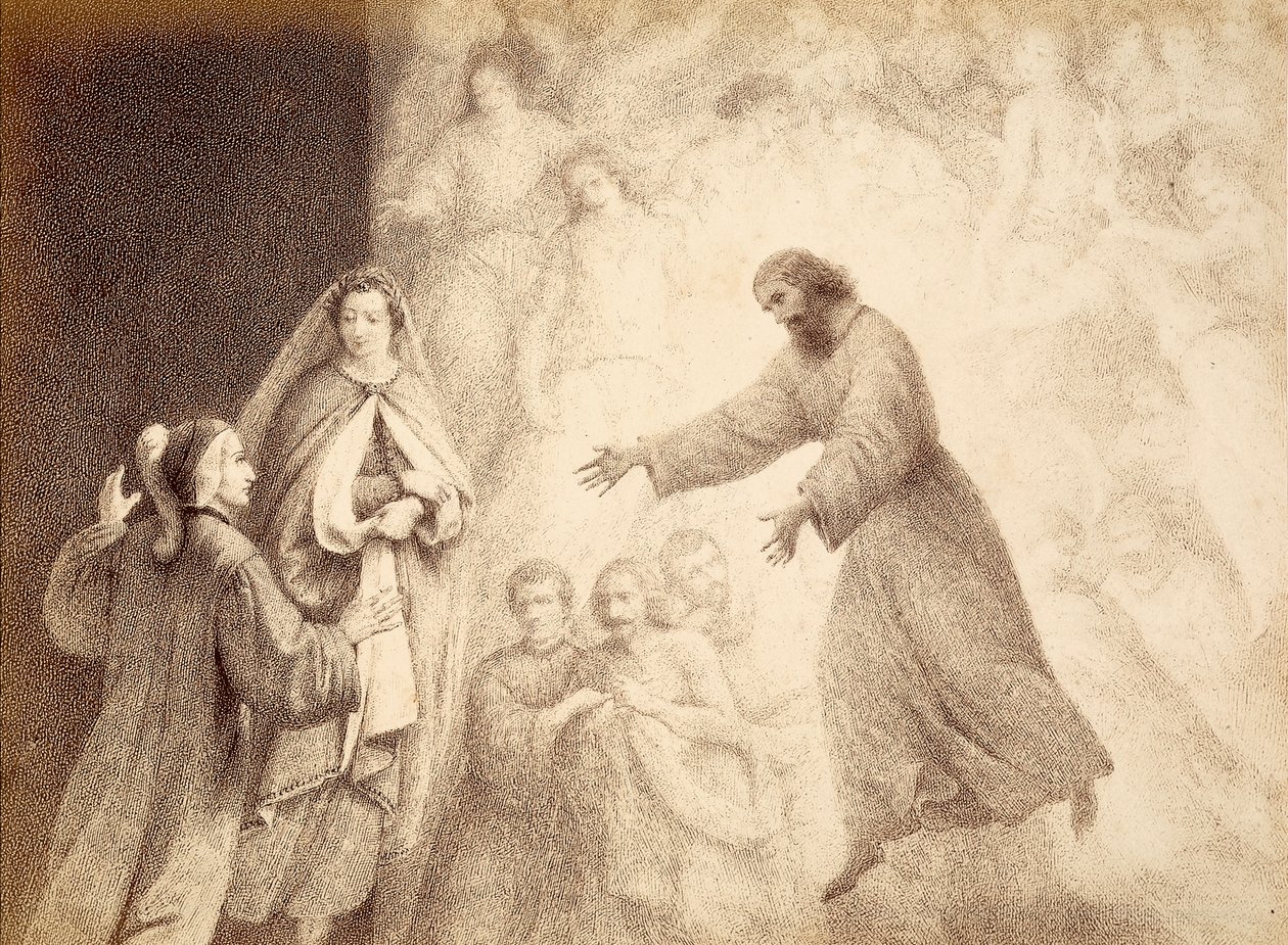 In the Sphere of Mars, Dante meets the spirit of his ancestor Cacciaguida. Illustration of the Canto XV of Paradiso of The Divine Comedy of Dante Alighieri. Work of Francesco Scaramuzza dedicated to the Municipality of Florence by Unbekannter Künstler